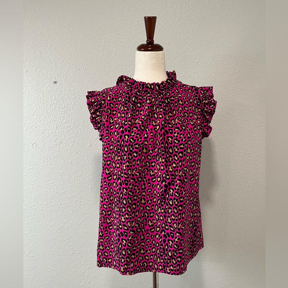 Jude Connally Pink Leopard Ruffle Blouse Size Medium